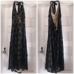 Bloomingdales Floor Length Formal Evening Gown Champagne Silk with Lace Overlay